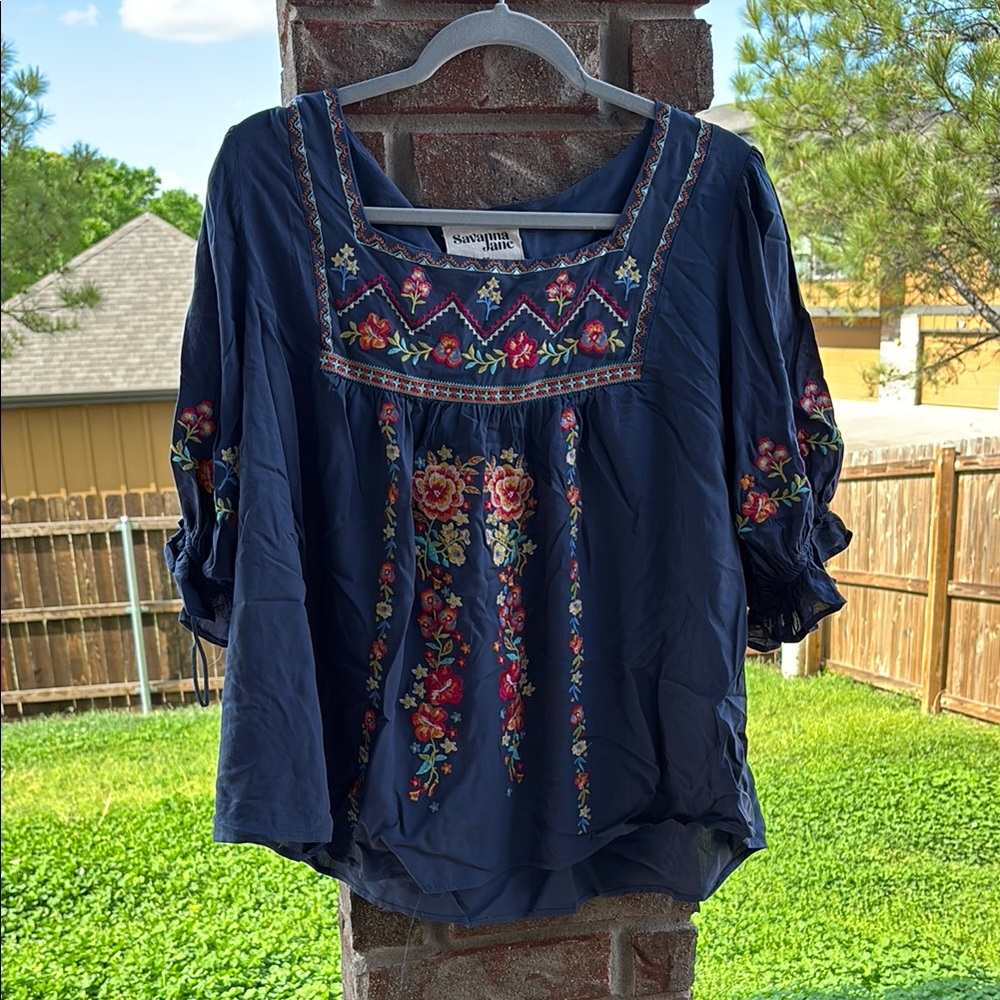 Savannah Jane Navy Floral Embroidered Women's Top